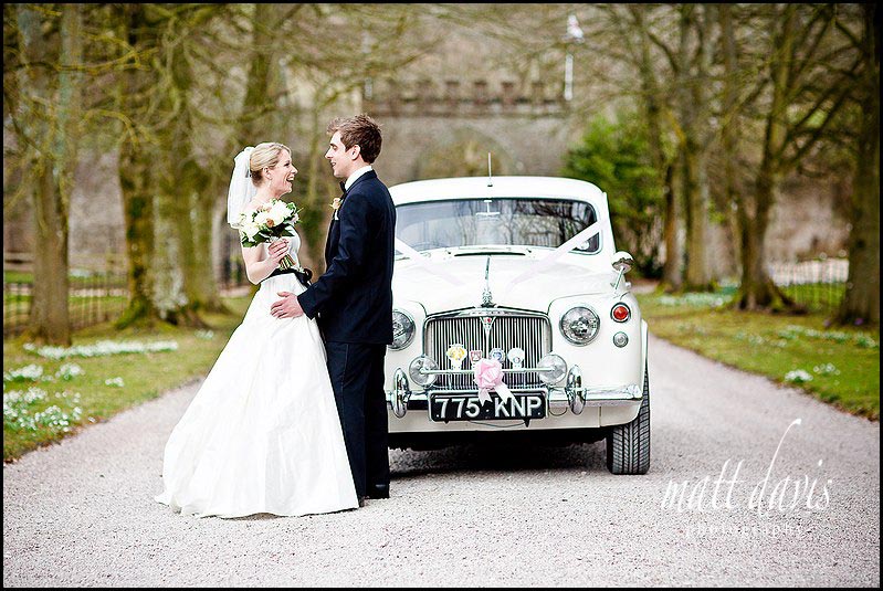 Clearwell Castle wedding photos with vintage car
