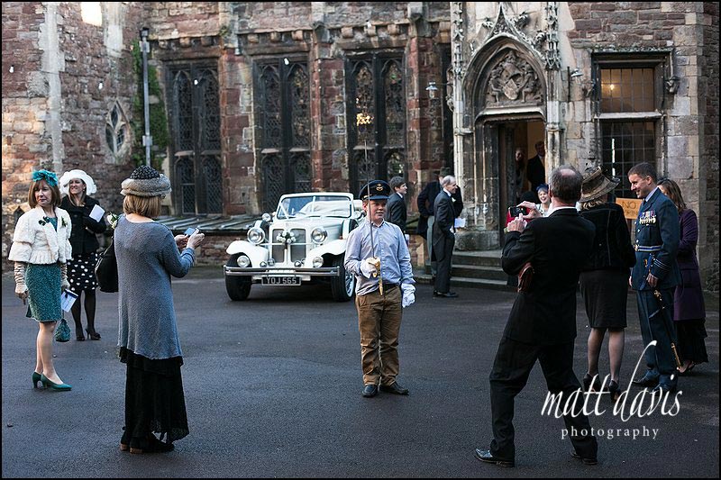 Wedding guests dressed in Military outfit at wedding at Berkeley Castle