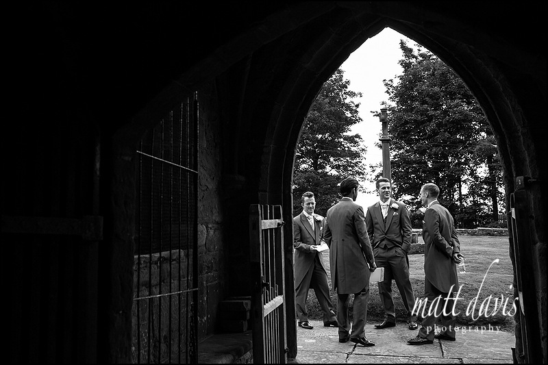 Best man, groom and ushers waiting for wedding to start at  St John The Baptist, Kings Caple, Herefordshire.